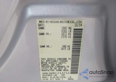 2015 Nissan Altima 3.5 Sl из США, поврежденный, VIN 1N4BL3AP9FC213751